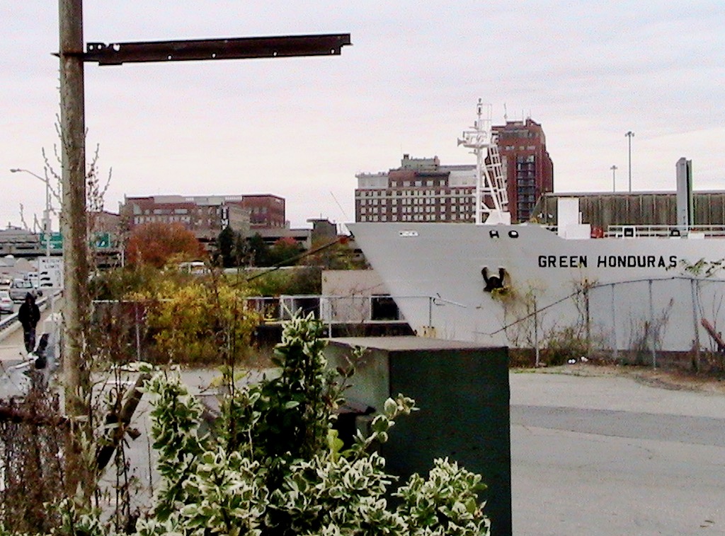 Break-bulk cargo ship docked.